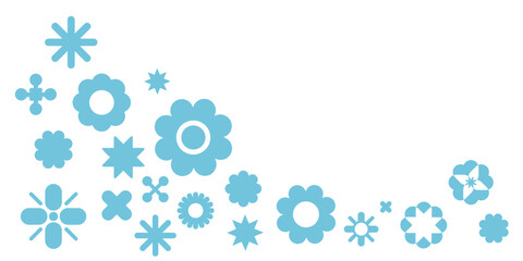 Ornament with geometric flowers. Geometric flowers banner winter blue background. Flowers symbols