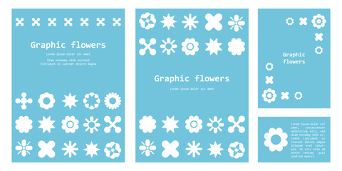 Ornament with geometric flowers. Flowers geometric banner set winter blue background. 