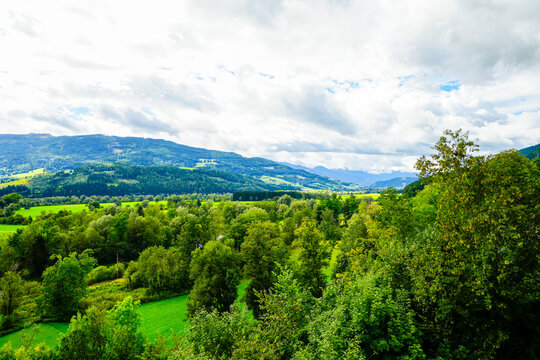 View of the landscape near Trautenfels Castle near Liezen in Styria. Nature in the Salzkammergut in Austria.

