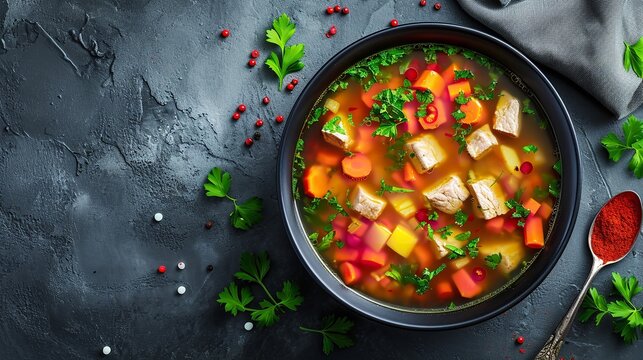Top view vegetable soup with meat inside plate. Ai generative