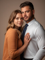 Happy couple, love and hug laughing in joyful happiness for bonding time together in the studio.