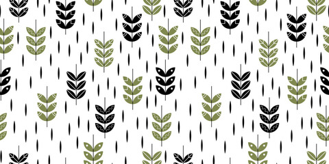 Scandinavian hand drawn seamless pattern with leaves and branches. Minimalistic nordic style. Vector illustration. Cute botanical elements. Great for textile, decor and printed products. - obrazy, fototapety, plakaty