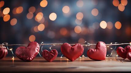 Happy Valentine's Day, wedding, birthday background. Red hearts hang on wooden clothes pegs on a string, with bokeh lights in the background.  - Powered by Adobe