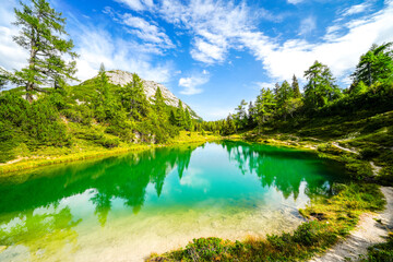 Fairy tale lake on the high plateau of the Tauplitzalm. View of the lake at the Totes Gebirge in Styria. Idyllic landscape with mountains and a lake on the Tauplitz.
Märchensee.