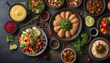 Assorted Middle Eastern and arabic dishes on a dark rustic background,border. Hummus,tabbouleh,...