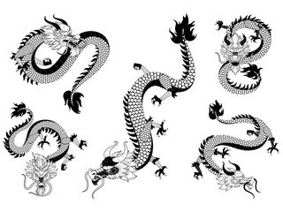 Dragon Chinese New Year. Oriental cut black silhouette, greeting logo festival design, card art Asia, China traditional culture, invitation cute animals. Vector holiday 2024 set isolated on white