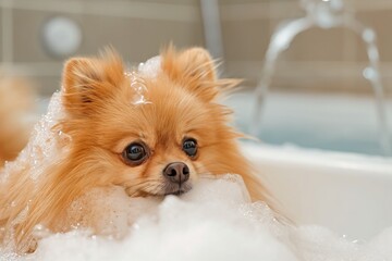 Pomeranian Dog Enjoying Bath Treatment in Pet Salon 