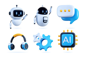 AI robot bot. Chat, chatbot technology, 3d artificial icon, GPT customer service, support character face, human intelligence. Cyborg, headphones, speech bubble. Vector customer app laptop illustration