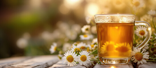 Chamomile tea outdoors with copy space - obrazy, fototapety, plakaty
