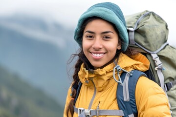 Fototapeta na wymiar Adventurous studio portrait of a young Latina woman in hiking gear, with a backpack, isolated on a mountain landscape background