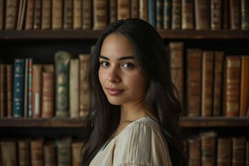 Classic studio portrait of a young Latina woman in a librarian look, with books, isolated on a vintage library background