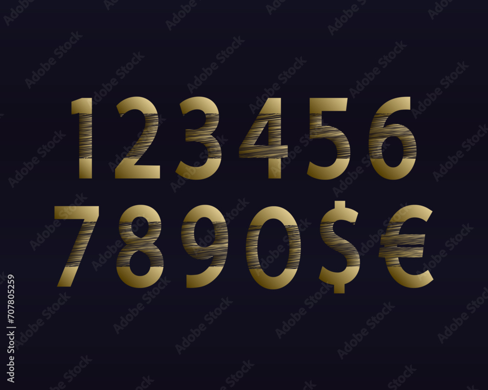 Poster golden numbers and currency signs with scratches in the middle. typography style for price tag desig