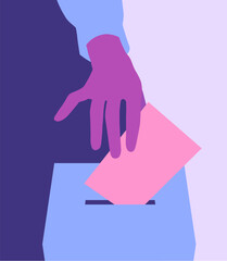Hand putting voting paper in the ballot box. Minimalist and flat style color drawing. Vector illustration