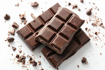 Top view of stack of chocolate pieces isolated on white background. Generative AI