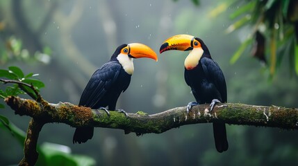 Two toucan tropical bird sitting on a tree branch. Ai generative - obrazy, fototapety, plakaty