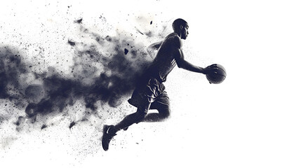 International Games And Sports Day, Abstract Silhouette Of A Basketball Player On White Background From Particles, Dust, Smoke, steam. Basketball Player Jumping And Performs Slam Dunk. Generative Ai