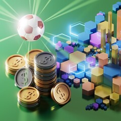 football with money coin concept. casino soccer game. bet gambling 3D render. 3D illustration. sports background. realistic design. copy space. online game gamble. abstract object. futuristic image
