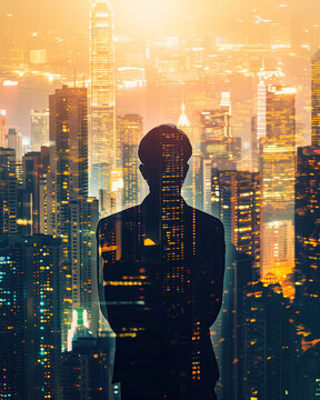 double exposure city skyline at night and businessman