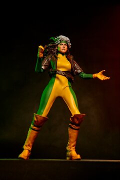 Udachnyy, Russia - January 12, 2024: Fictional character  Rogue from X-men  action figures from famous Marvel Comics performing.
Rogue from X-men is a American superhero film based on the Marvel Comic