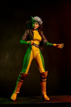 Udachnyy, Russia - January 12, 2024: Fictional character  Rogue from X-men  action figures from famous Marvel Comics performing.
Rogue from X-men is a American superhero film based on the Marvel Comic