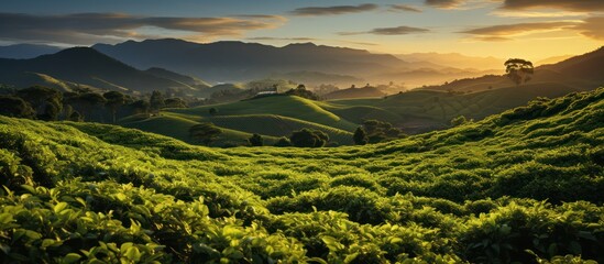 panorama of tea plantation peaks at sunset in the background - obrazy, fototapety, plakaty