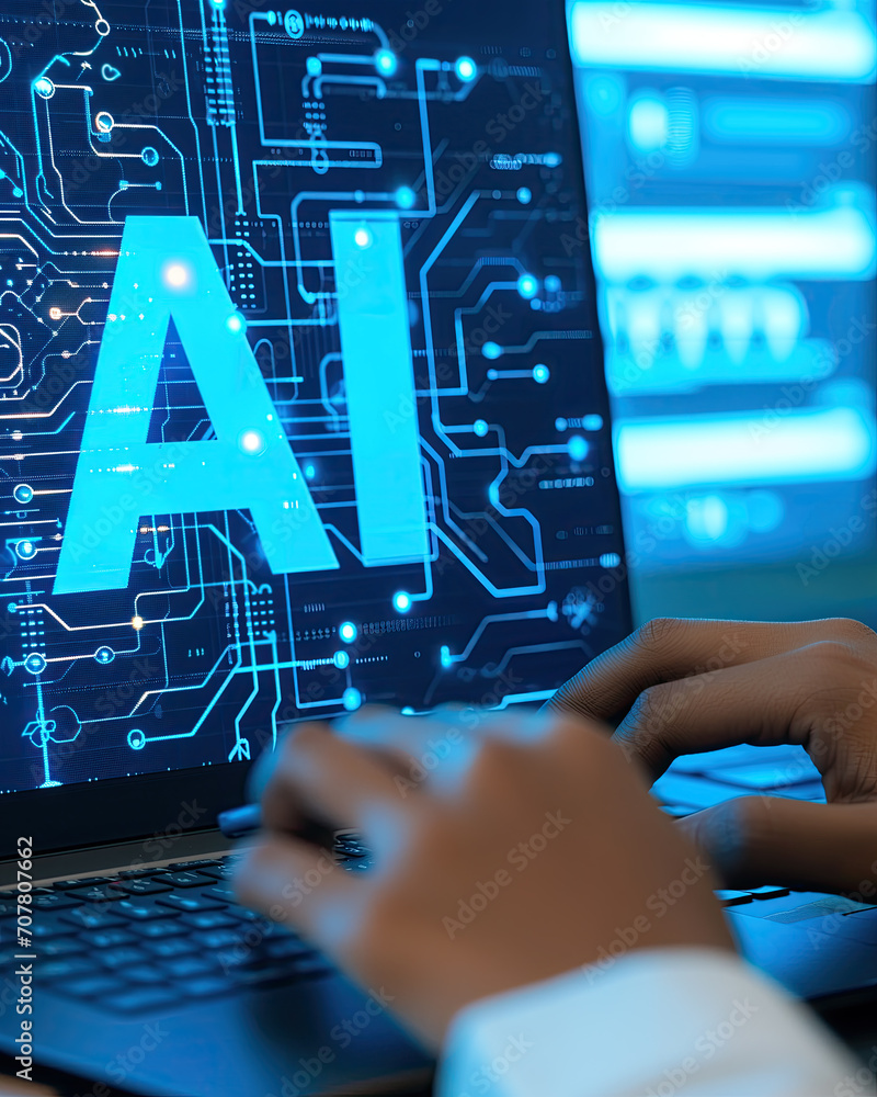 Aufkleber hands of the person with the computer . the word ai on the screen