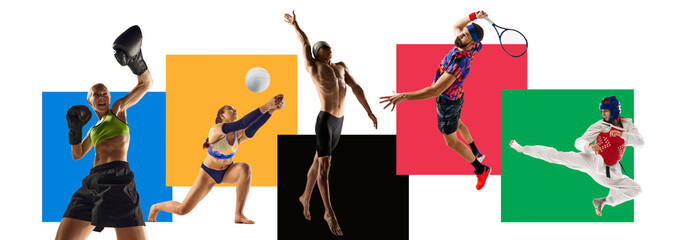 Set of athletic young people in motion, training in different kind of sports over white background...