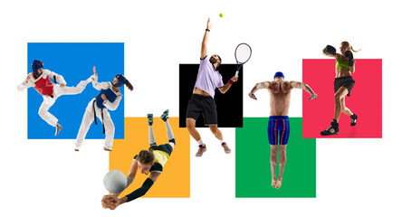 Dynamic image so of various athletes of different kind of sports in motion during game over white...