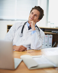 Computer, thinking and man doctor in his office for consultation with brainstorming for diagnosis...