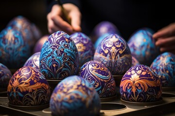 Multi-colored Easter eggs on a dark background. Close-up. Easter holiday concept.