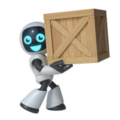 Little robot moving the wooden crate 3d rendering