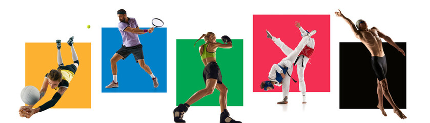 Set. Dynamic collage with active young people, athletes of various sports in uniform in motion...