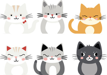 Fototapeta na wymiar This image displays six cartoon cats with various fur patterns and colors in a vector illustration.