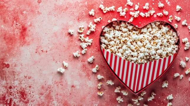 Salted popcorn in heart shaped striped box on abstract red and white background with free space, Valentines Day and date at cinema concept