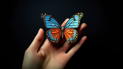 Close-up of an unusual blue and orange butterfly with small white spots. On a person's hand. Black background. Insect study, nature, science, biology. Image for article.