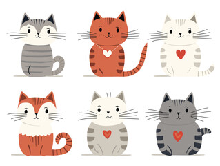 Six cute cartoon cats with various patterns are displayed in this colorful vector illustration.