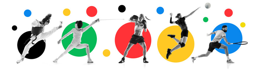 Collage made of different sportsmen of various sports in motion during game over white background with colorful elements. Concept of sport, tournament, competition, game. Banner for sport events - obrazy, fototapety, plakaty