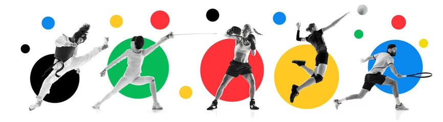 Poster Collage made of different sportsmen of various sports in motion during game over white background with colorful elements. Concept of sport, tournament, competition, game. Banner for sport events © master1305
