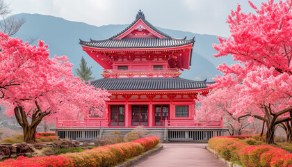 Pink Traditional  Japan Castle In Garden With Sakura Blossoms Trees  At Spring Equinox Day Flower Viewing Festival 