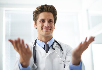 Welcome, happy and man doctor in office for greeting hello at a medical consultation at clinic....