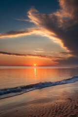 Obraz premium Tranquil Beach Sunset with Dramatic Cloudscape 4k ai generated