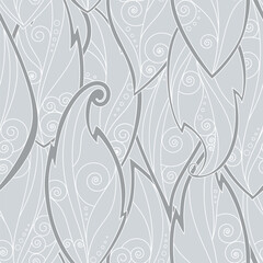 Seamless pattern of gray-blue leaves. Fantasy leaves with veins in pastel colors. Blue and white background. Vector illustration.