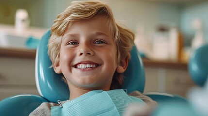 Portrait of cute boy sitting on chair at dental clinic - Generative AI