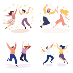 Four diverse people couple jumping with joy, celebrating with confetti. Happy group celebration, men and women in casual clothes, excitement. Celebration and happiness concept vector illustration
