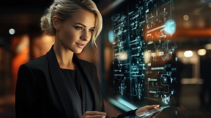Portrait of beautiful young businesswoman using smartphone on abstract digital background - Generative AI