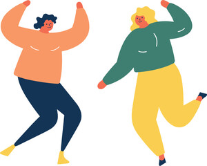 Two happy women dancing carefree, one in orange top and black pants, other in green sweater and yellow pants. Joyful friends enjoying dance moves, celebration of life vector illustration.