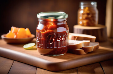 A glass jar with the inscription “beef”, canned beef left inside, stands on a wooden board, with pieces of bread left next to it. - obrazy, fototapety, plakaty