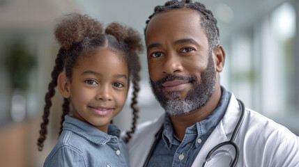 A black doctor holding his patient, a little girl, in a hospital corridor