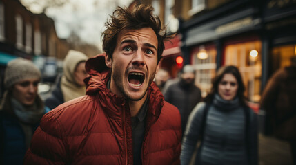 A man in a red coat shouting during a protest - obrazy, fototapety, plakaty