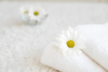 Obraz na płótnie Canvas White towels with chamomile flower on white background. SPA or massage salon. Laundry, washing or dry cleaning concept. Copy space. Copy space.